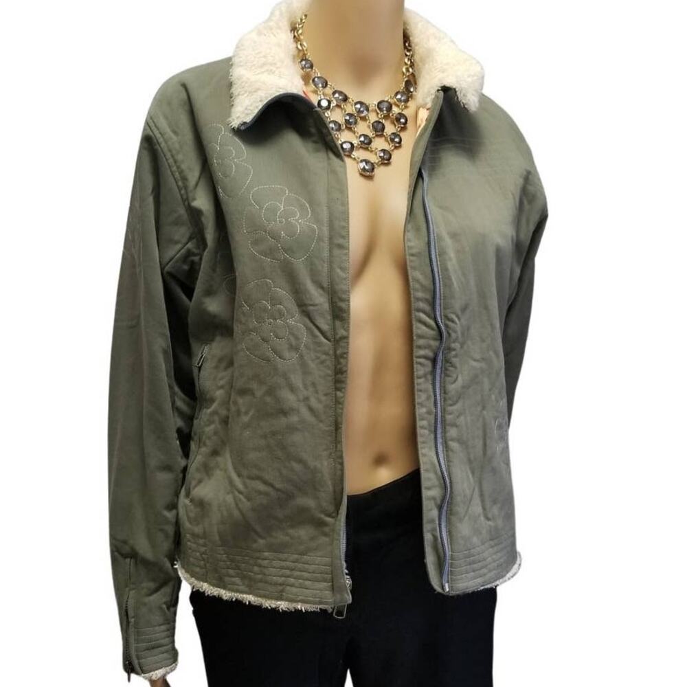 Green Zip Up Light Weight Coat Flower Design Teddy Bear Fleece Collar Size S